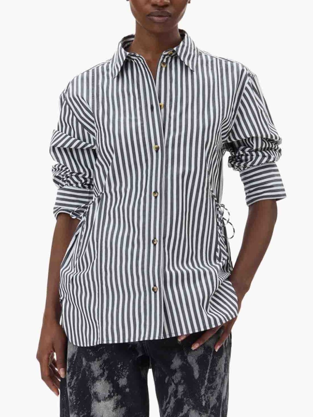 GANNI NWT Stripe Cotton Oversized Tie String Shirt | Black - Black / 34